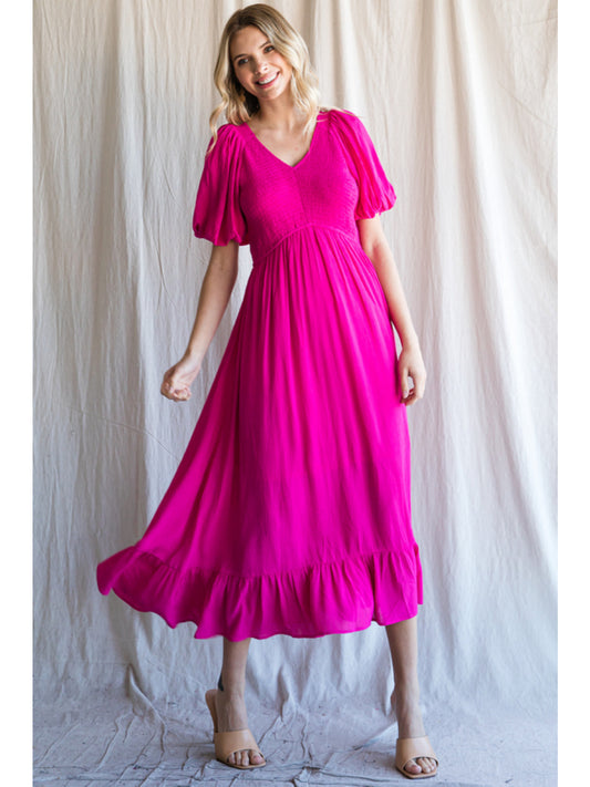 Feelin’ Fine In Fuchsia Smocked Midi Dress