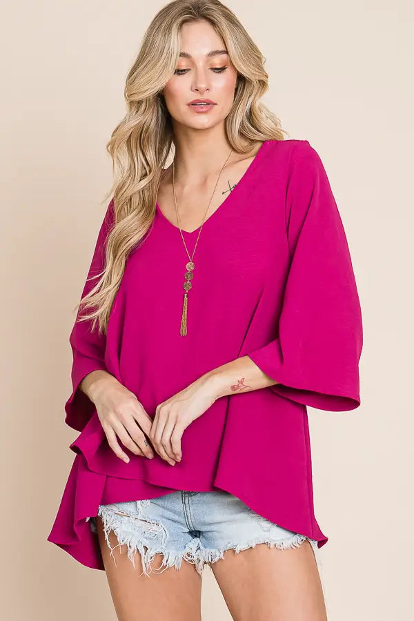 Magenta V-Neck Mid Bell Sleeve Top