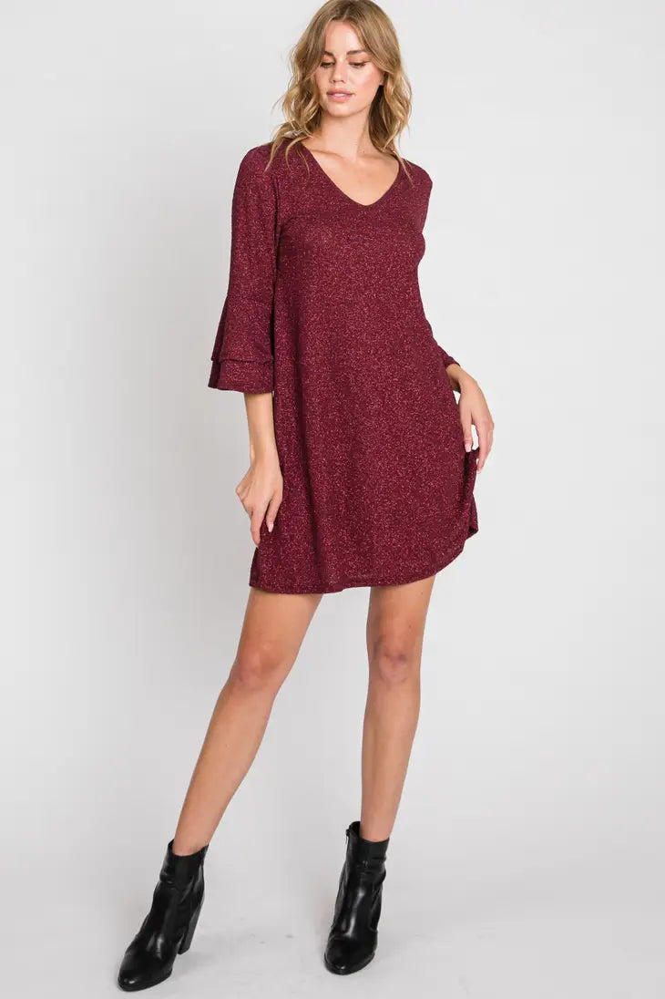 Burgundy Glitter Bell Sleeve Dress