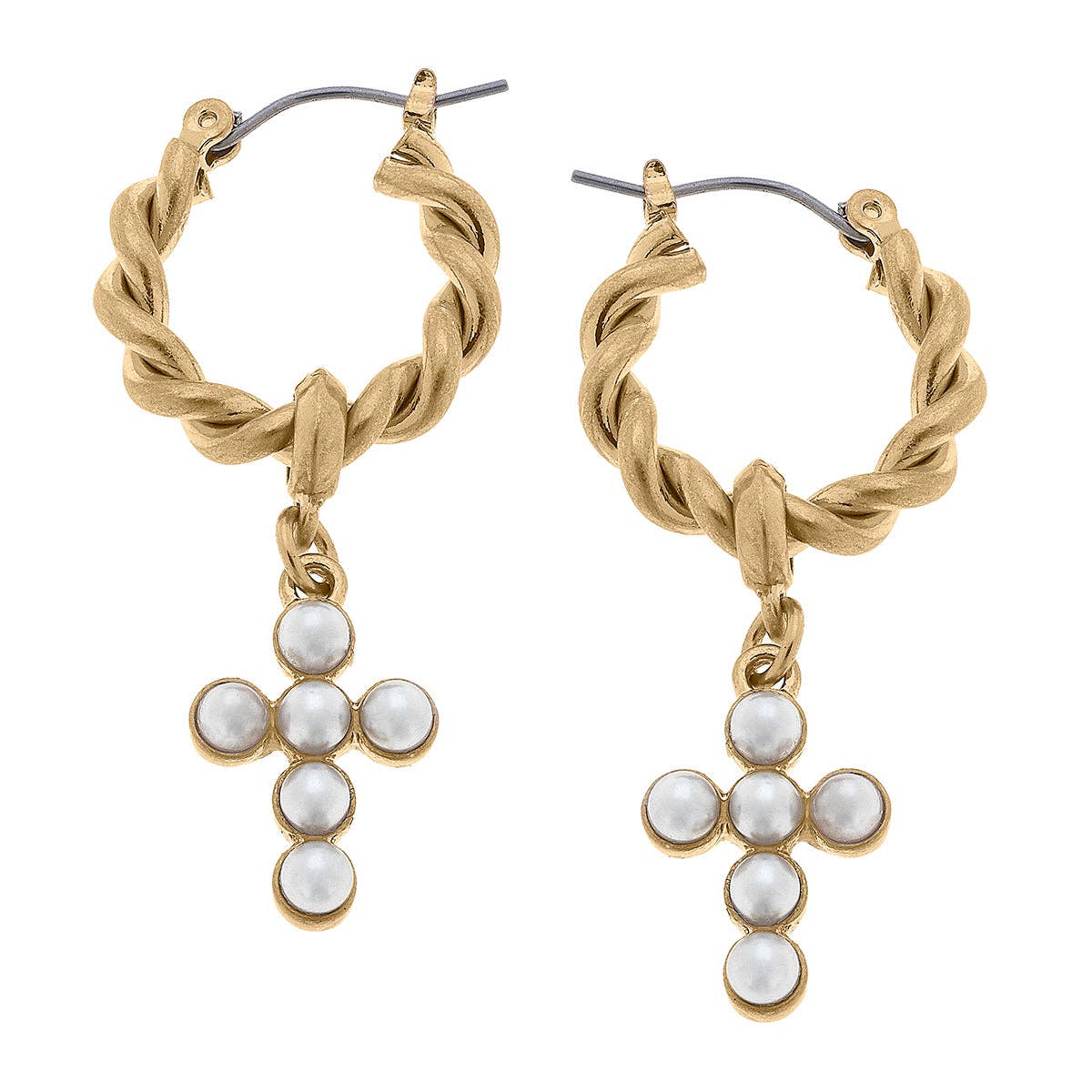 Ellison Twisted Metal & Pearl Cross Drop Hoop Earrings in Ivory