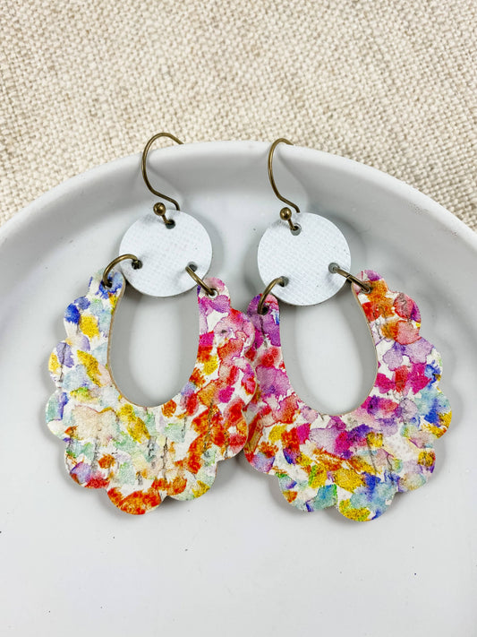 Watercolor Floral Scallop Loops | handmade leather earrings