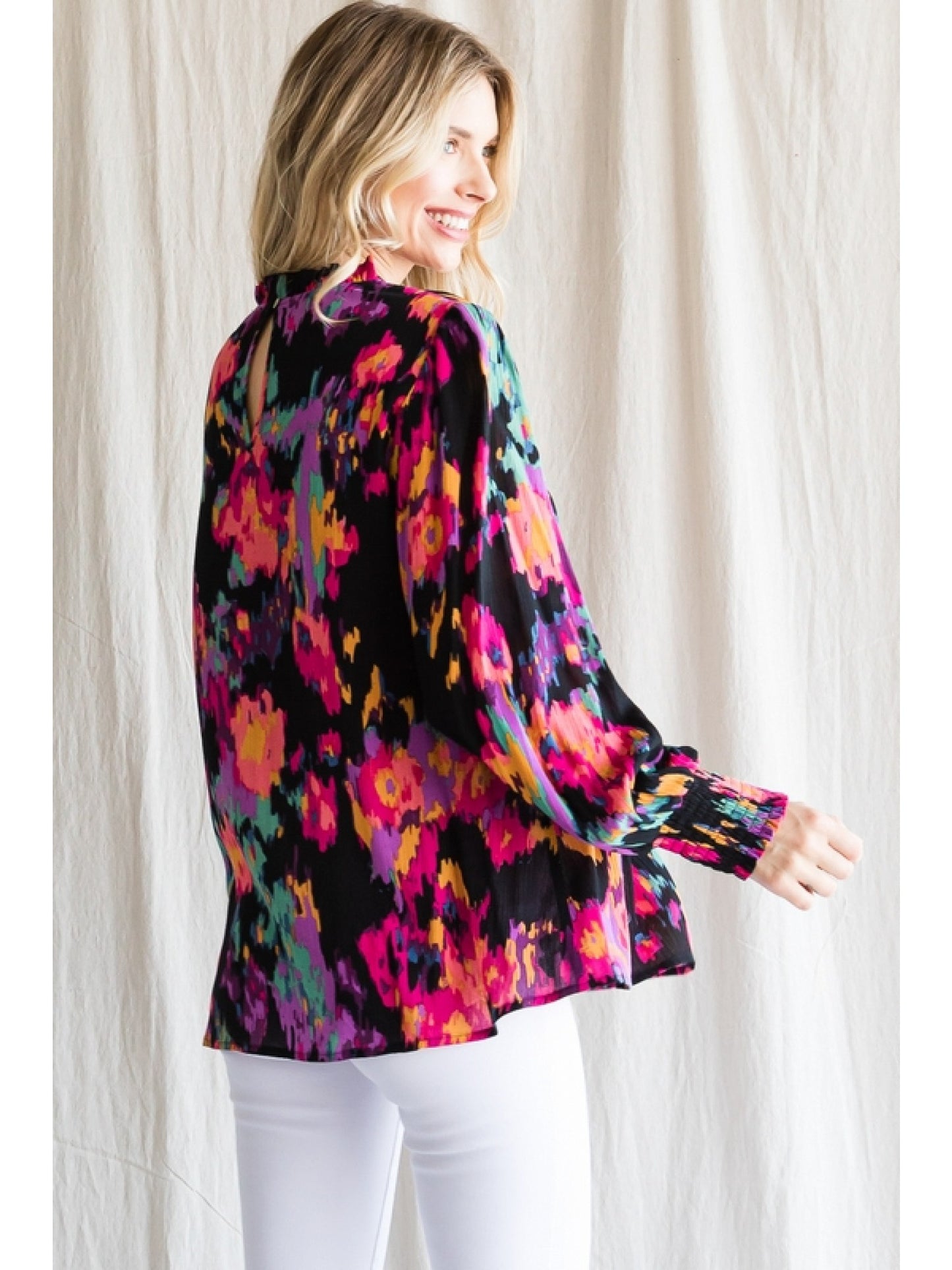 Floral Print Bubble Sleeve Blouse