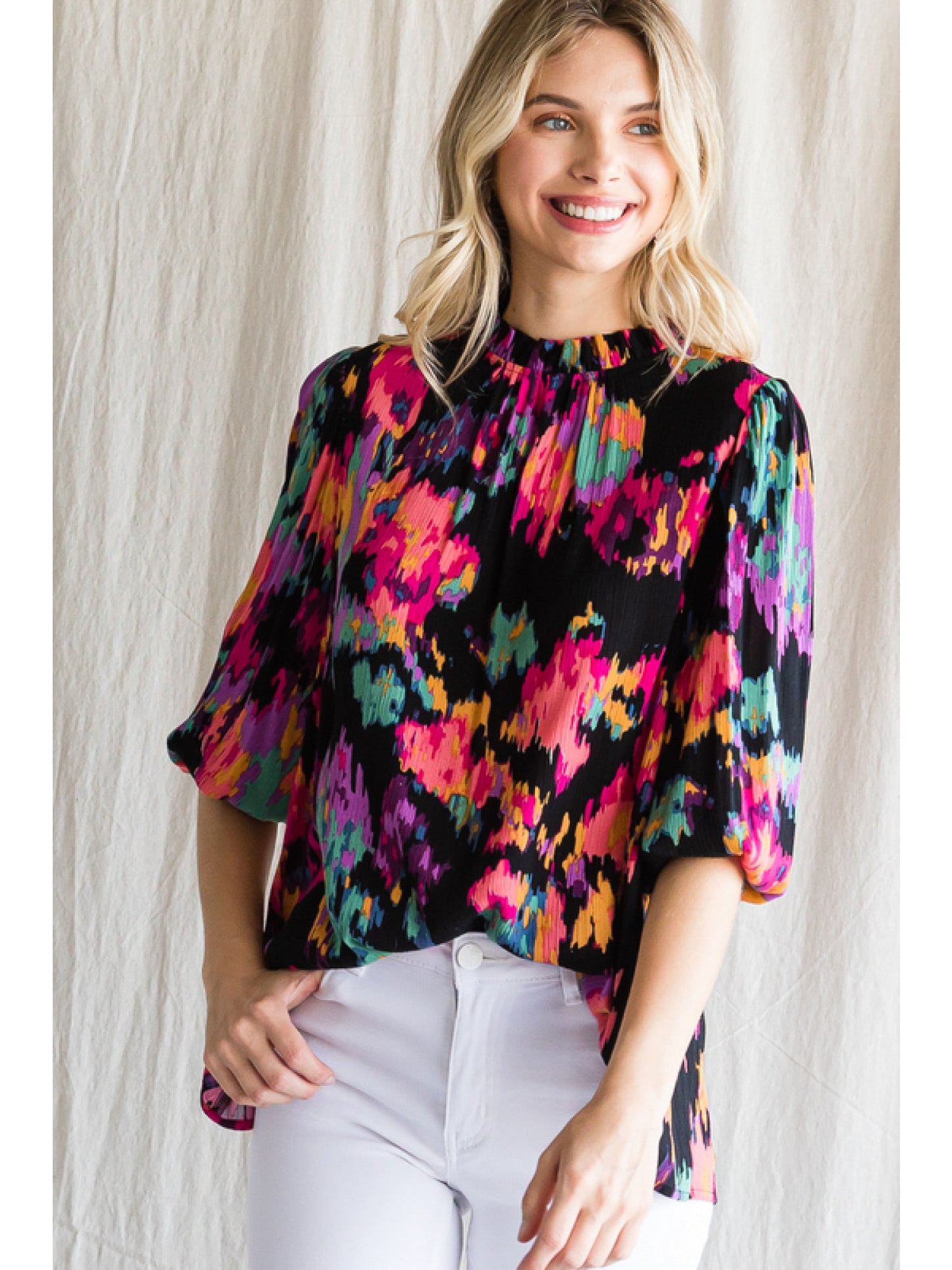 Floral Print Bubble Sleeve Blouse