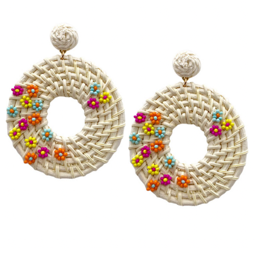 Flower Beaded Rattan Circle Drops