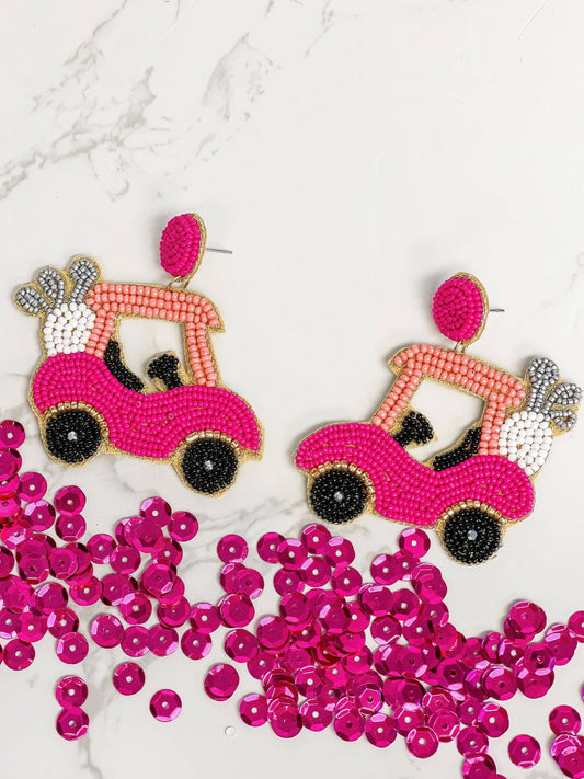 Pink Golf Cart Beaded Dangle Earrings