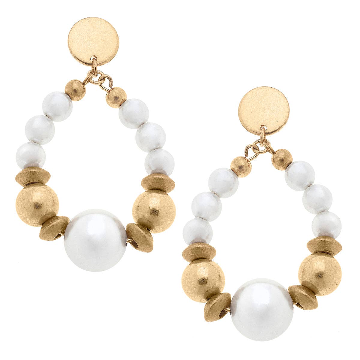 Moira Pearl, Wood & Gold Bead Teardrop Earrings in Ivory