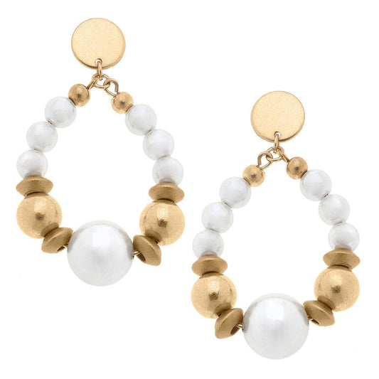 Moira Pearl, Wood & Gold Bead Teardrop Earrings in Ivory