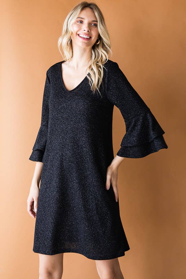 Black Glitter Bell Sleeve Dress