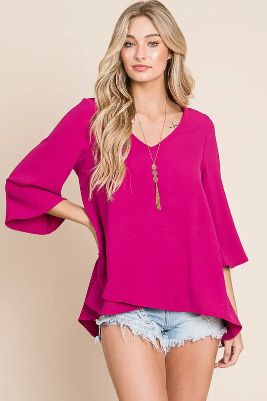 Magenta V-Neck Mid Bell Sleeve Top