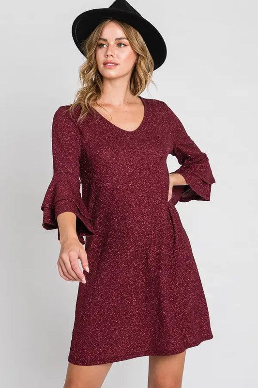 Burgundy Glitter Bell Sleeve Dress