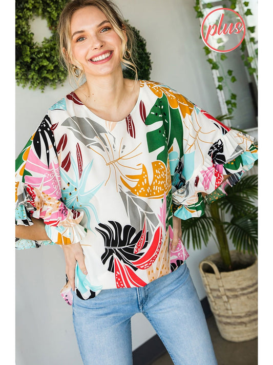 Leaf print top with dolman half sleeves