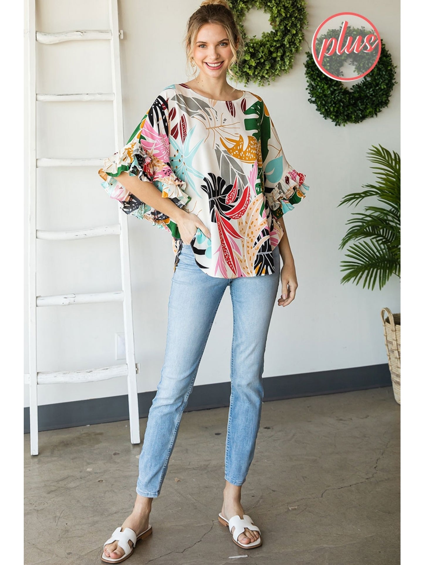 Leaf print top with dolman half sleeves