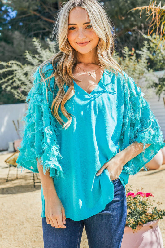 Turquoise Feather Detailed 3/4 Sleeve Top