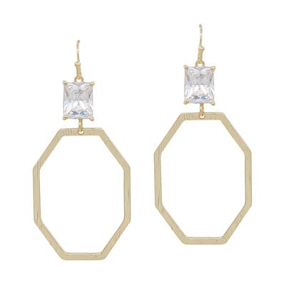 Gold Open Octagon with Crystal 2" Earrings