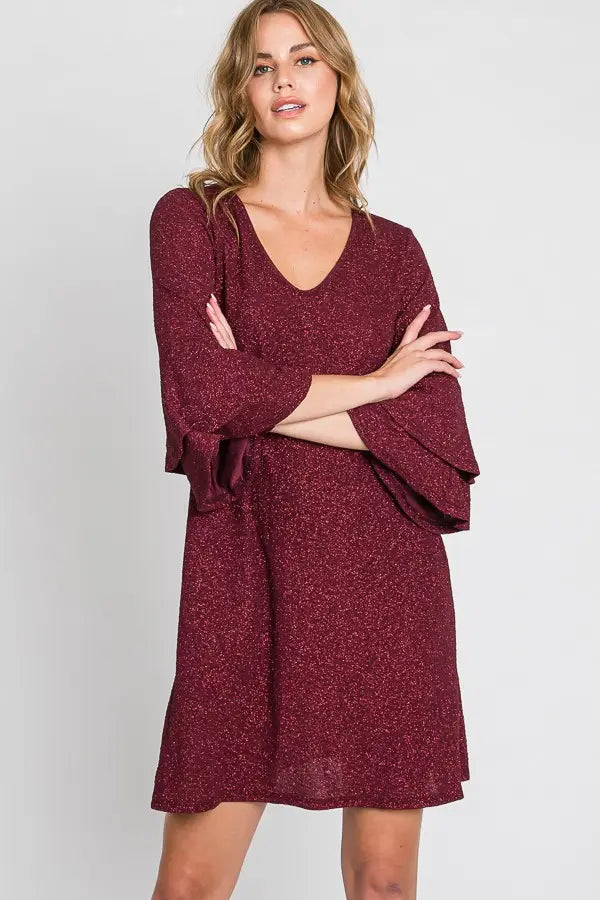 Burgundy Glitter Bell Sleeve Dress