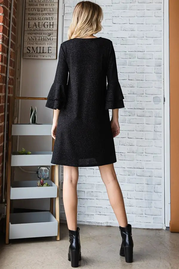 Black Glitter Bell Sleeve Dress