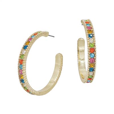 Gold Metal Hoop with Multi Crystal Accents 2" Earrings