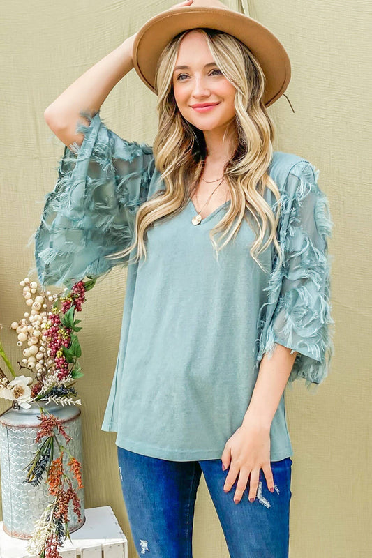 Pale Jade Feather Detailed 3/4 Sleeve Top