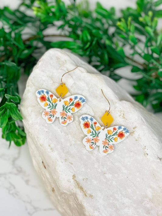 Wood Floral Butterfly Dangle Earrings