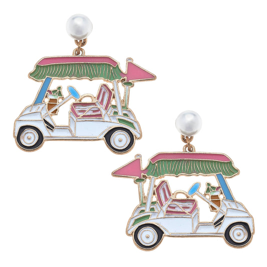 Bella Enamel Golf Cart Earrings in Green & Pink