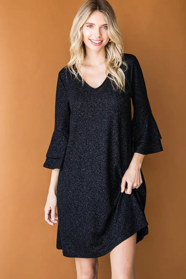 Black Glitter Bell Sleeve Dress