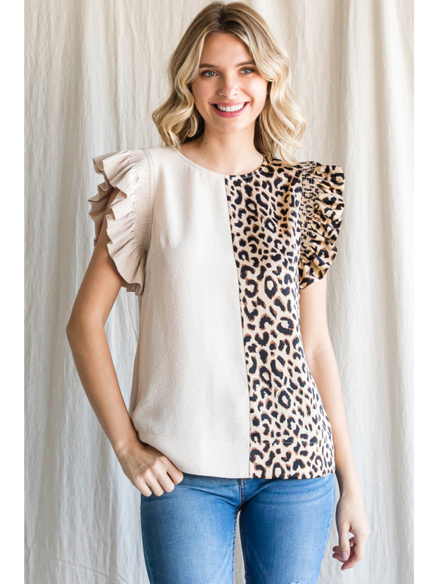 Animal Print Flutter Sleeve Blouse